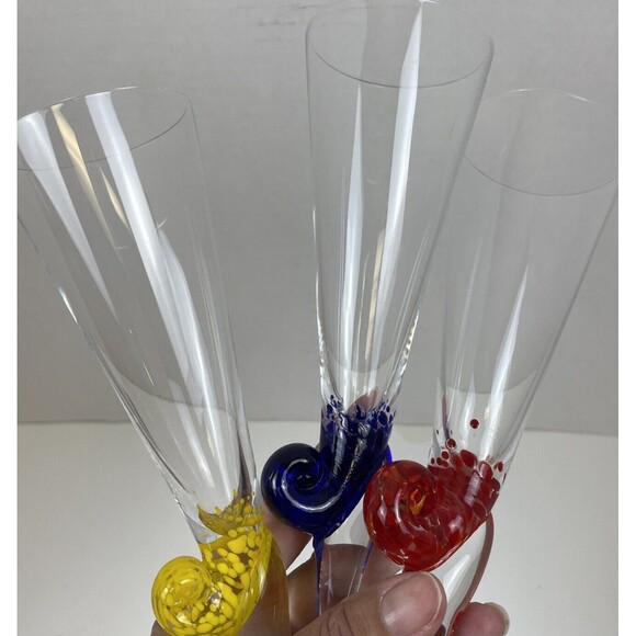 Set of 3 Murano Art Glass Cobalt Snail Escargot Crystal Champagne Flutes - Picture 9 of 9